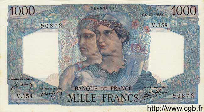 1000 Francs MINERVE ET HERCULE FRANKREICH  1945 F.41.09 VZ+