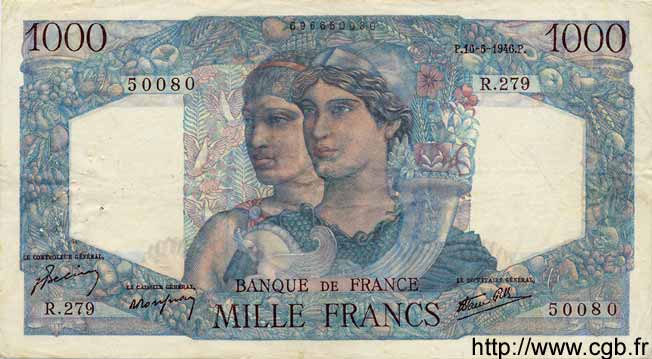 1000 Francs MINERVE ET HERCULE FRANCE  1946 F.41.14 VF
