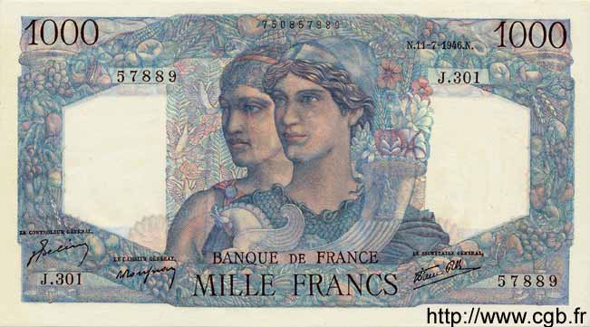 1000 Francs MINERVE ET HERCULE FRANKREICH  1946 F.41.15 fST+
