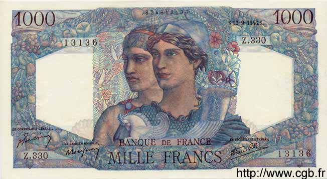 1000 Francs MINERVE ET HERCULE FRANCE  1946 F.41.16 XF+