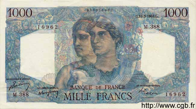 1000 Francs MINERVE ET HERCULE FRANCE  1948 F.41.19 AU-