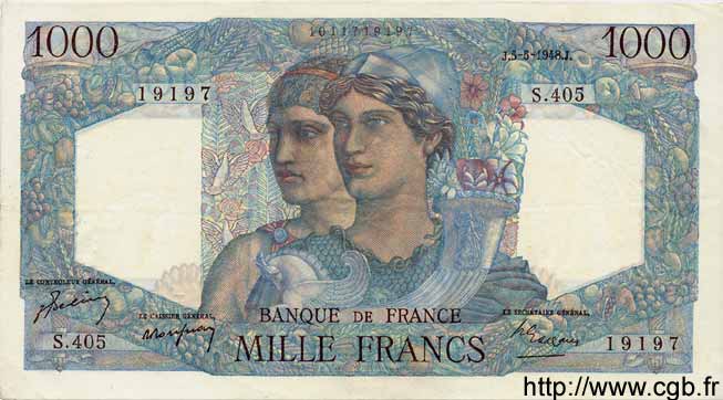 1000 Francs MINERVE ET HERCULE FRANKREICH  1948 F.41.20 SS to VZ