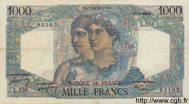 1000 Francs MINERVE ET HERCULE FRANCIA  1949 F.41.26 MBC