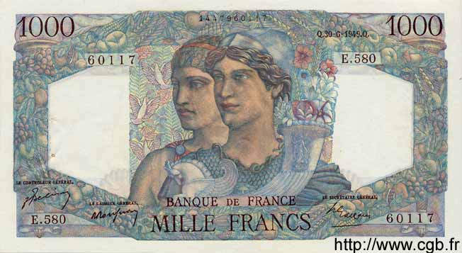 1000 Francs MINERVE ET HERCULE FRANKREICH  1949 F.41.27 VZ+
