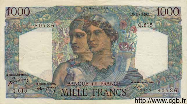 1000 Francs MINERVE ET HERCULE FRANCE  1949 F.41.29 VF
