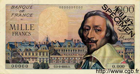 1000 Francs RICHELIEU FRANCE  1953 F.42.01Spn XF+