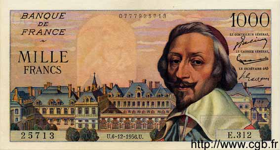 1000 Francs RICHELIEU FRANCE  1956 F.42.24 pr.SPL