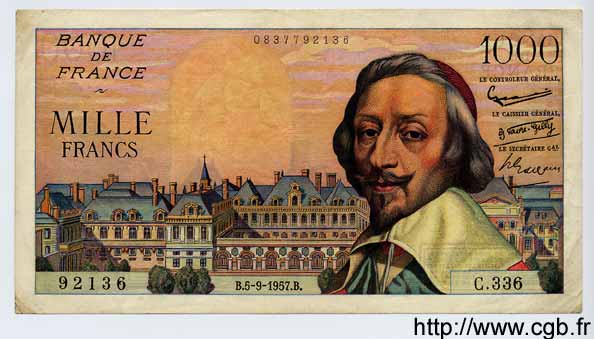 1000 Francs RICHELIEU FRANCE  1957 F.42.26 pr.SUP
