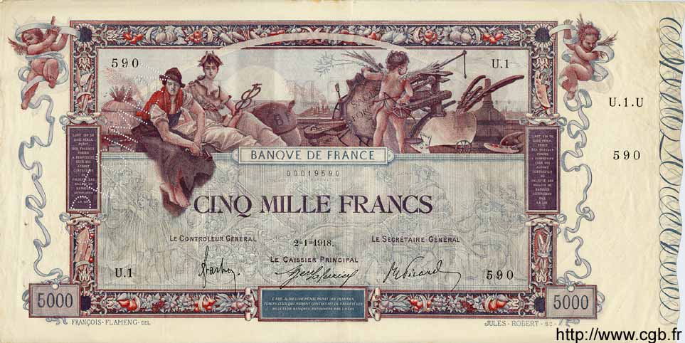 5000 Francs FLAMENG FRANCE  1918 F.43.01Scp XF+