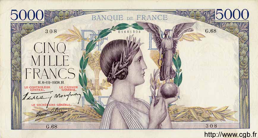 5000 Francs VICTOIRE Impression à plat FRANCIA  1938 F.46.01 q.SPL