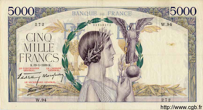 5000 Francs VICTOIRE Impression à plat FRANKREICH  1939 F.46.02 fVZ