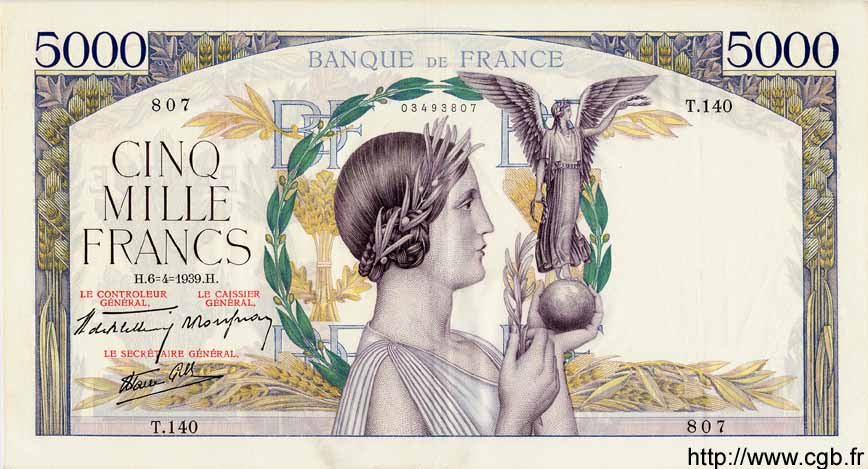 5000 Francs VICTOIRE Impression à plat FRANKREICH  1939 F.46.04 VZ