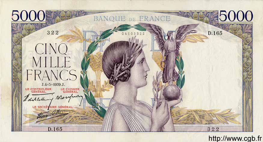 5000 Francs VICTOIRE Impression à plat FRANKREICH  1939 F.46.05 fVZ