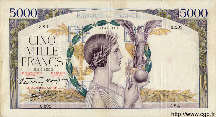 5000 Francs VICTOIRE Impression à plat FRANCIA  1939 F.46.07 MB a BB