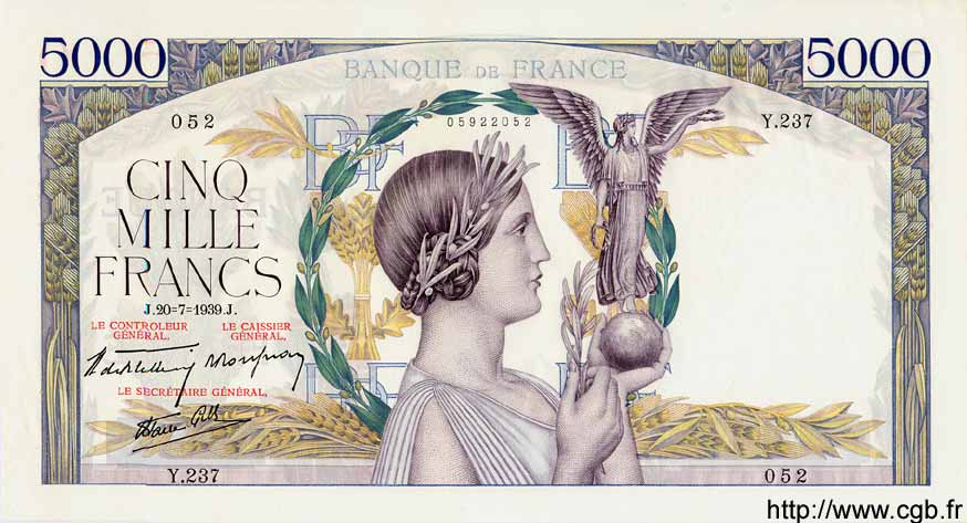 5000 Francs VICTOIRE Impression à plat FRANCIA  1939 F.46.08 EBC+