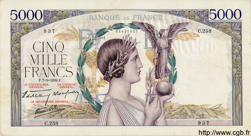 5000 Francs VICTOIRE Impression à plat FRANCIA  1939 F.46.09 BB