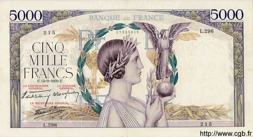 5000 Francs VICTOIRE Impression à plat FRANKREICH  1939 F.46.10 fVZ