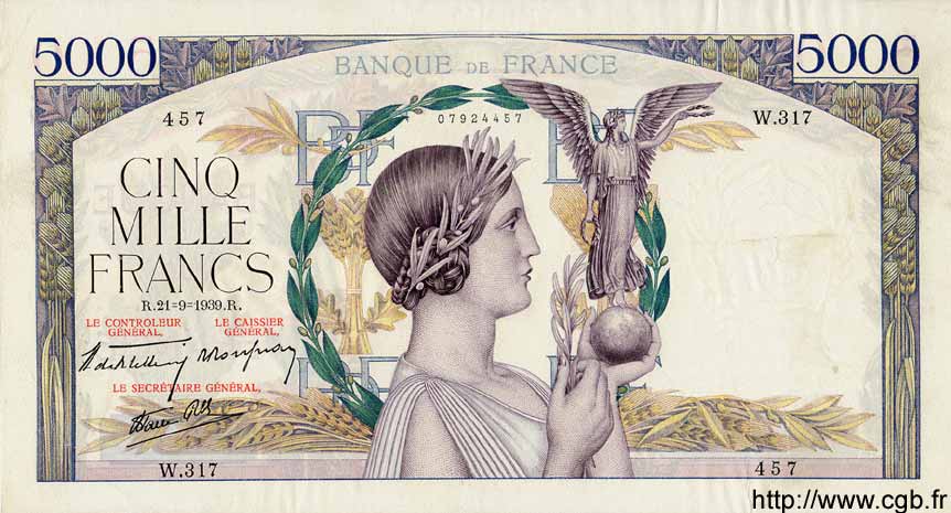 5000 Francs VICTOIRE Impression à plat FRANCIA  1939 F.46.11 q.SPL
