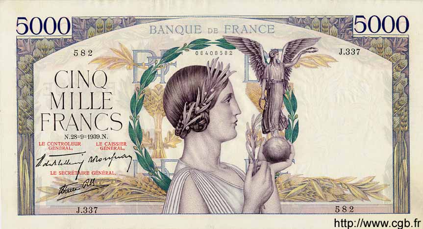 5000 Francs VICTOIRE Impression à plat FRANCE  1939 F.46.12 XF-