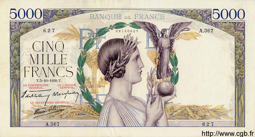5000 Francs VICTOIRE Impression à plat FRANCE  1939 F.46.13 VF+