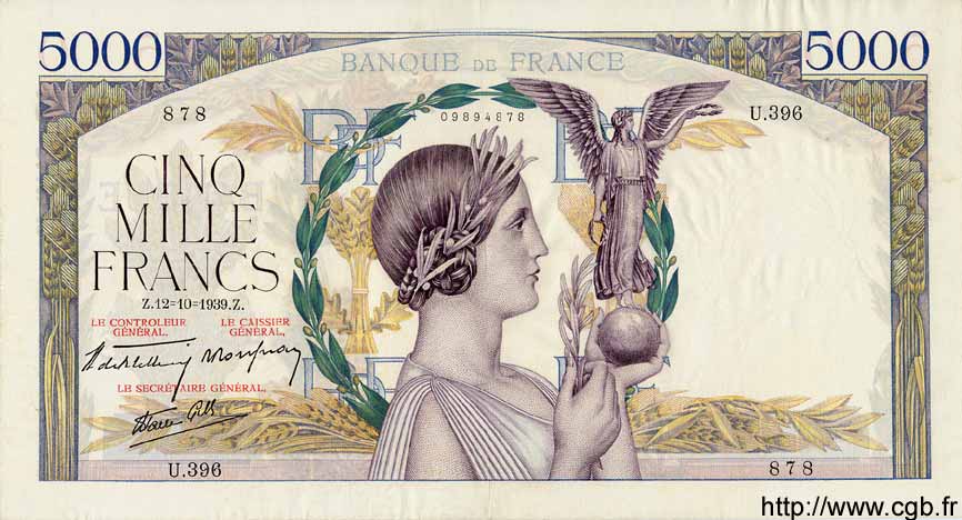 5000 Francs VICTOIRE Impression à plat FRANKREICH  1939 F.46.14 fVZ