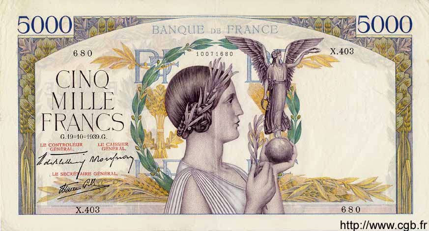 5000 Francs VICTOIRE Impression à plat FRANCE  1939 F.46.15 VF+