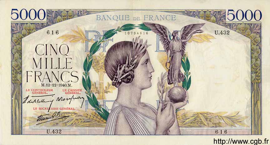 5000 Francs VICTOIRE Impression à plat FRANCE  1940 F.46.16 VF+