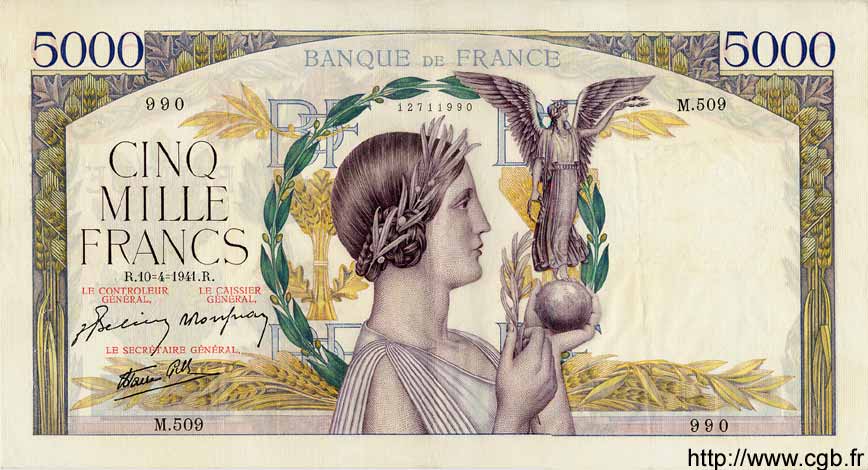 5000 Francs VICTOIRE Impression à plat FRANKREICH  1941 F.46.19 fVZ