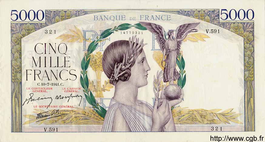 5000 Francs VICTOIRE Impression à plat FRANCE  1941 F.46.23 VF+