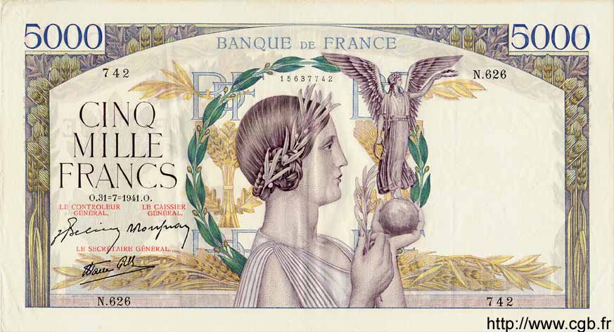 5000 Francs VICTOIRE Impression à plat FRANCE  1941 F.46.24 XF