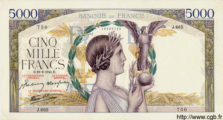 5000 Francs VICTOIRE Impression à plat FRANCIA  1941 F.46.26 MBC
