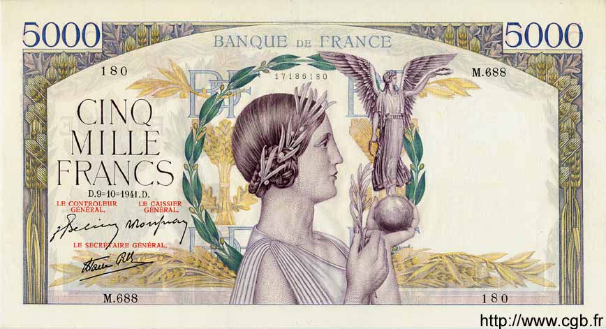 5000 Francs VICTOIRE Impression à plat FRANKREICH  1941 F.46.27 fVZ