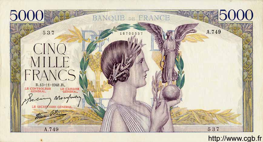 5000 Francs VICTOIRE Impression à plat FRANCIA  1941 F.46.29 MBC+
