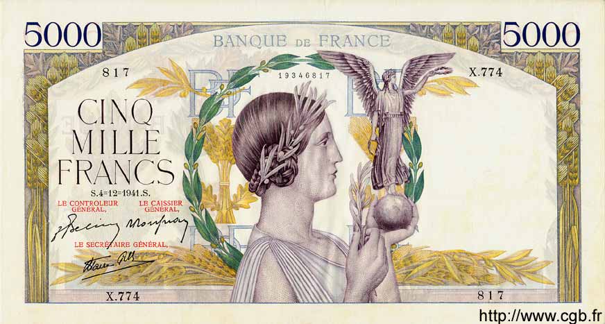 5000 Francs VICTOIRE Impression à plat FRANKREICH  1941 F.46.30 VZ+
