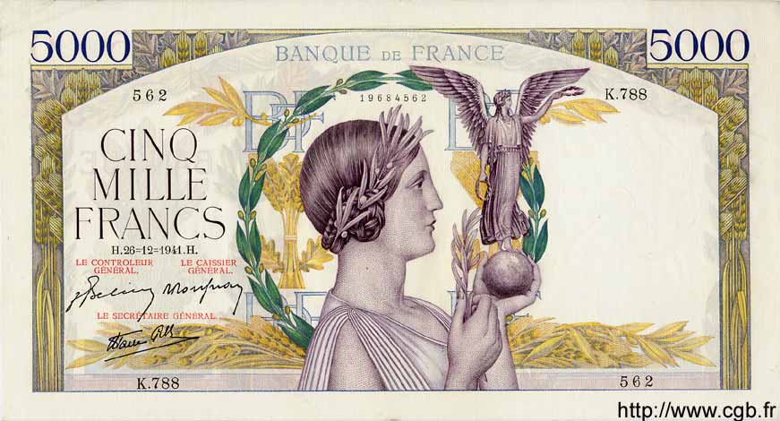 5000 Francs VICTOIRE Impression à plat FRANCIA  1941 F.46.31 EBC