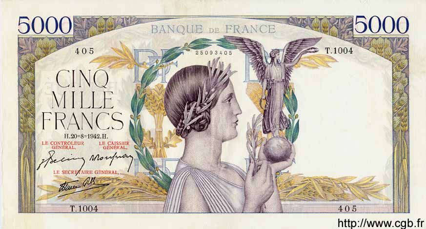 5000 Francs VICTOIRE Impression à plat FRANKREICH  1942 F.46.40 fVZ