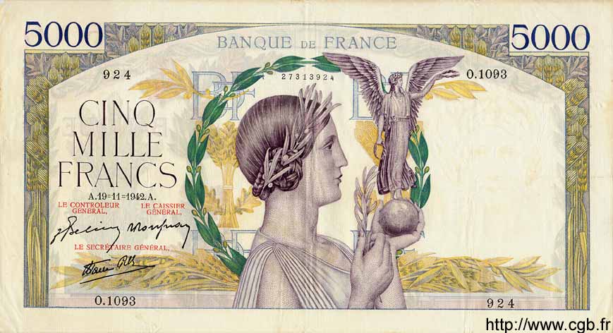 5000 Francs VICTOIRE Impression à plat FRANKREICH  1942 F.46.44 fVZ