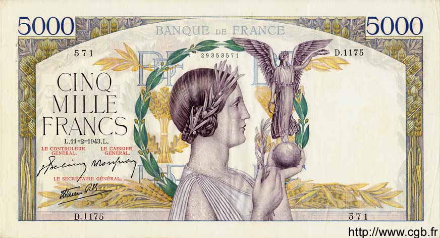 5000 Francs VICTOIRE Impression à plat FRANCIA  1943 F.46.47 EBC