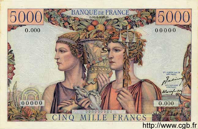 5000 Francs TERRE ET MER FRANKREICH  1949 F.48.01Sp fVZ