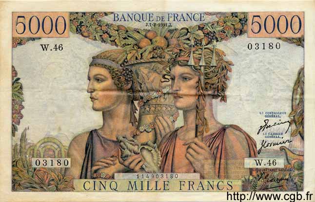 5000 Francs TERRE ET MER FRANCE  1951 F.48.03 XF-