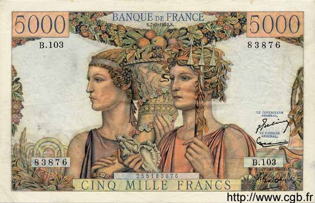 5000 Francs TERRE ET MER FRANCE  1952 F.48.06 XF-