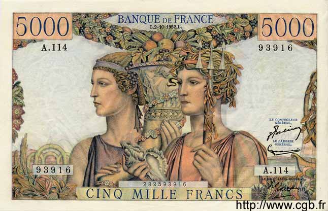 5000 Francs TERRE ET MER FRANCIA  1952 F.48.07 EBC+