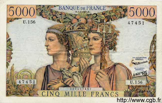 5000 Francs TERRE ET MER FRANCE  1957 F.48.13 TTB