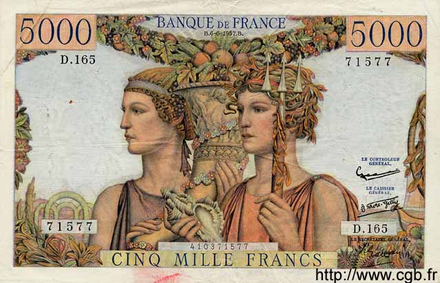 5000 Francs TERRE ET MER FRANCE  1957 F.48.15 VF