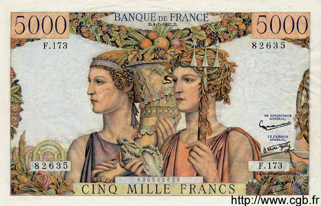 5000 Francs TERRE ET MER FRANCIA  1957 F.48.16 EBC