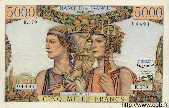 5000 Francs TERRE ET MER FRANCE  1957 F.48.17 VF