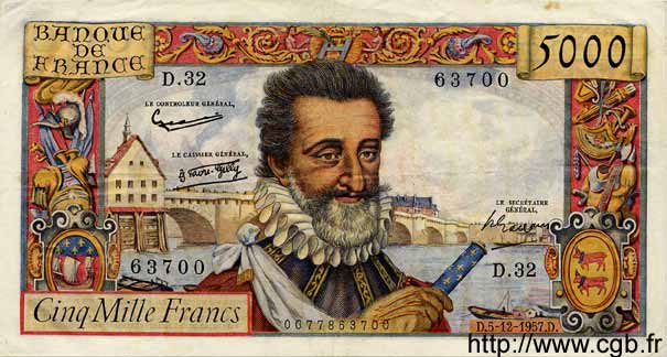 5000 Francs HENRI IV FRANKREICH  1957 F.49.04 fVZ to VZ