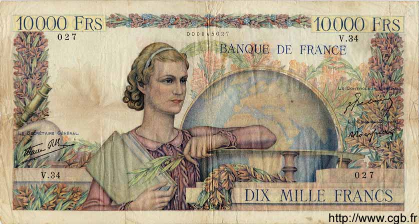 10000 Francs GÉNIE FRANÇAIS FRANCE  1946 F.50.02 VG