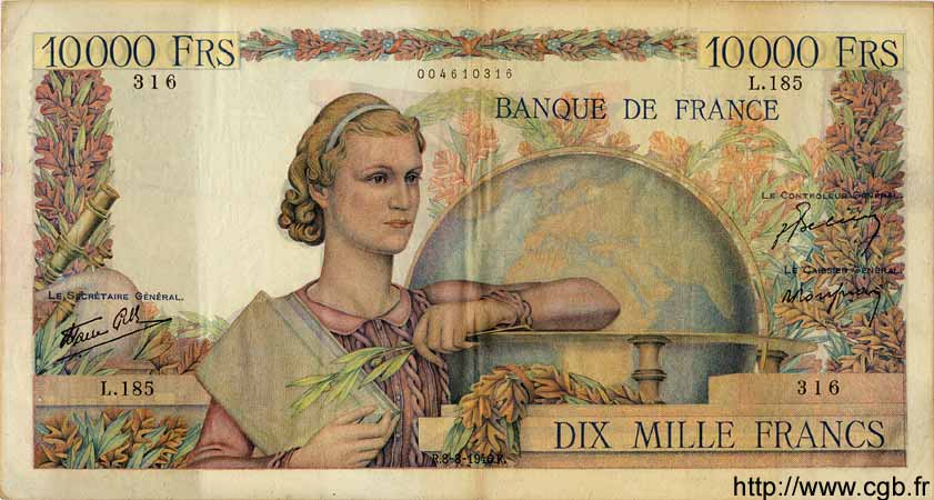 10000 Francs GÉNIE FRANÇAIS FRANCIA  1946 F.50.08 MBC