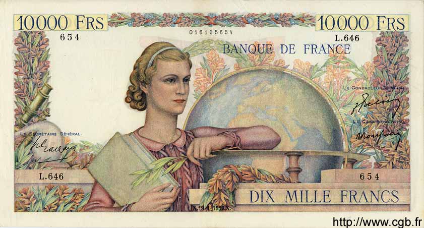 10000 Francs GÉNIE FRANÇAIS FRANCIA  1950 F.50.27 SPL